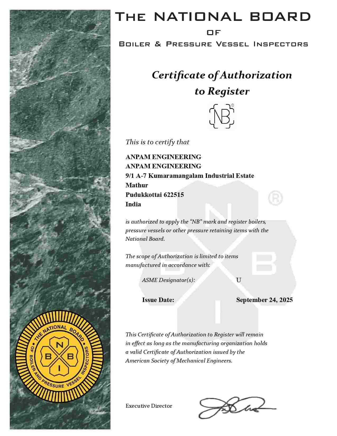 The National Board Boiler & Pressure Vessel Inspectors - NB Certificate